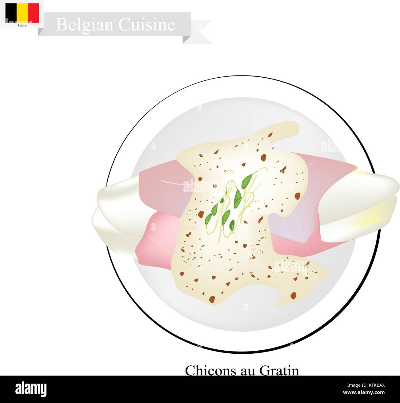 La cuisine belge, illustration de chicons au gratin ou endives traditionnel enveloppé dans du jambon et fromage fondu. garni d'un des plus célèbre plat dans Illustration de Vecteur