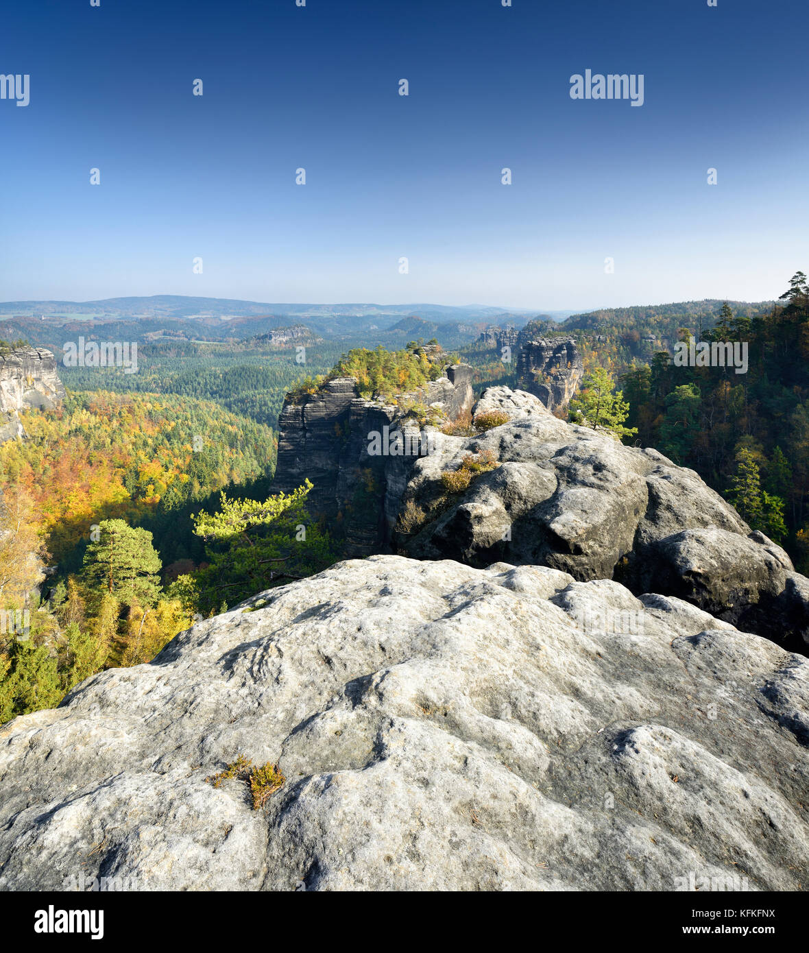 Vue sur les roches de l'arrière la Suisse saxonne, elbsandsteingebirge, parc national Suisse saxonne, Saxe, Allemagne Banque D'Images