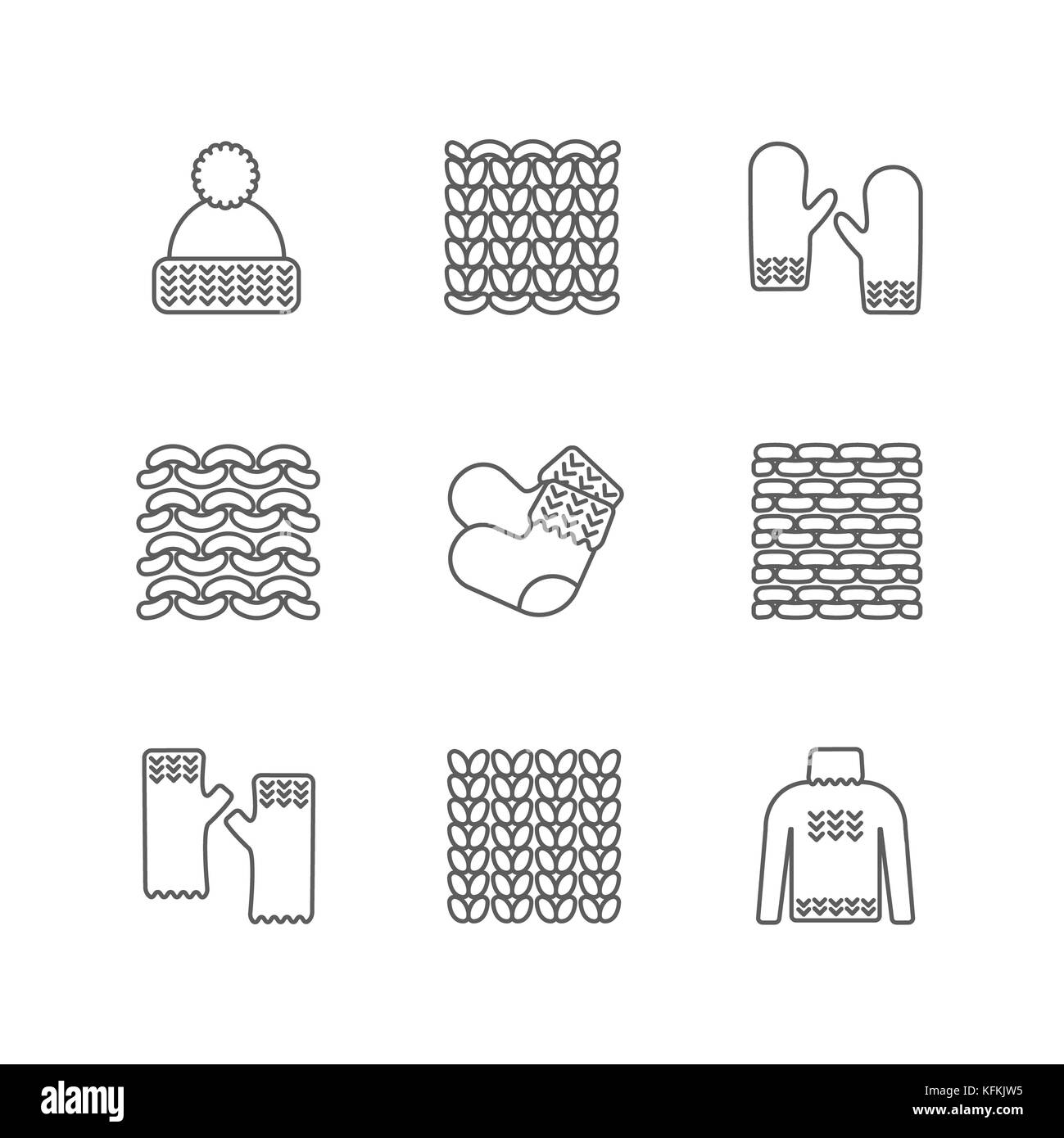 Vêtements Knittind, échantillons tricotés icônes de ligne mince. Bonnet, moufles, chaussettes, chandails et autres vêtements tricotés à la main. Ensemble en tricot Banque D'Images