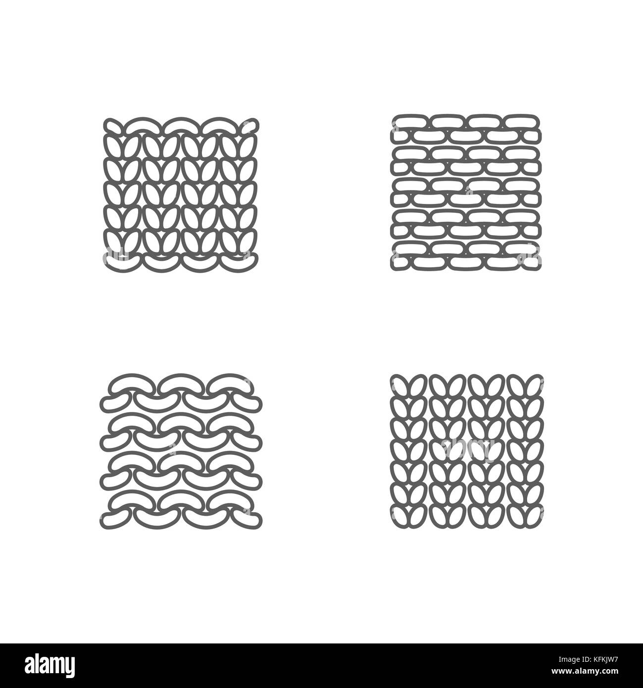 Exemples de jeu d'icônes de tricot. Face et le mauvais côté. Tricoté à partir d'échantillons de fils. Banque D'Images