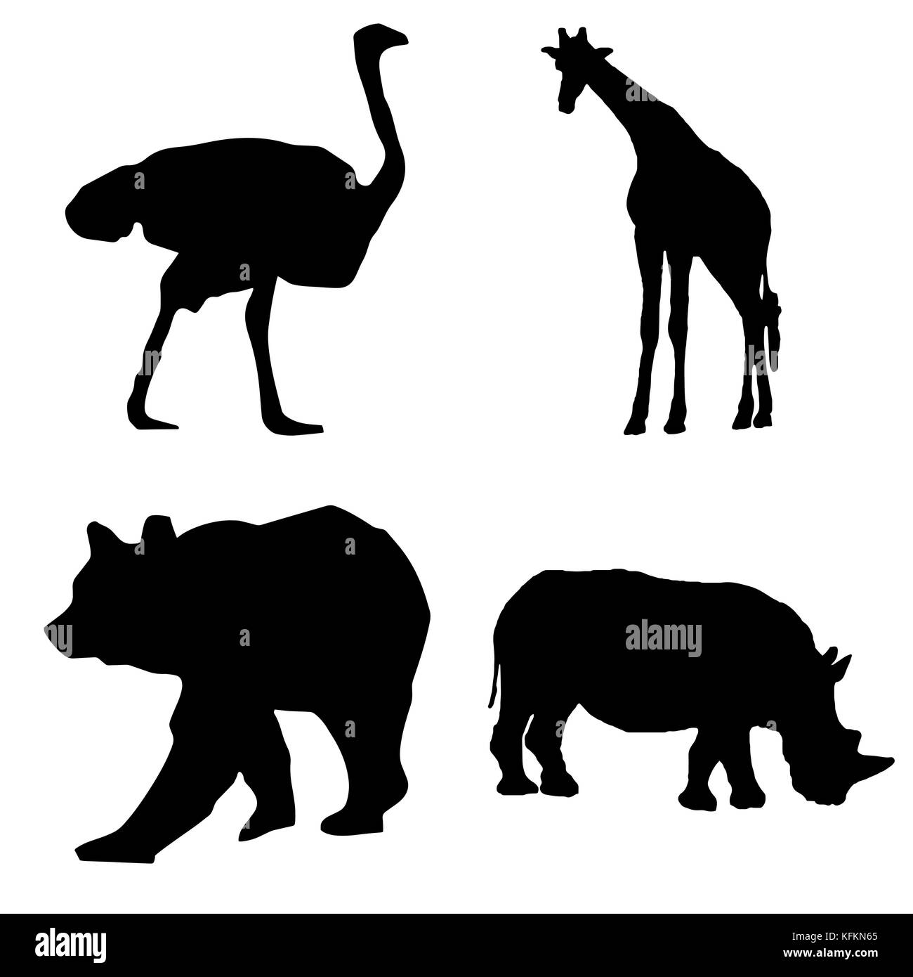 Silhouette noire animaux sauvages vector set - autruche, girafes, ours, rhinocéros Illustration de Vecteur