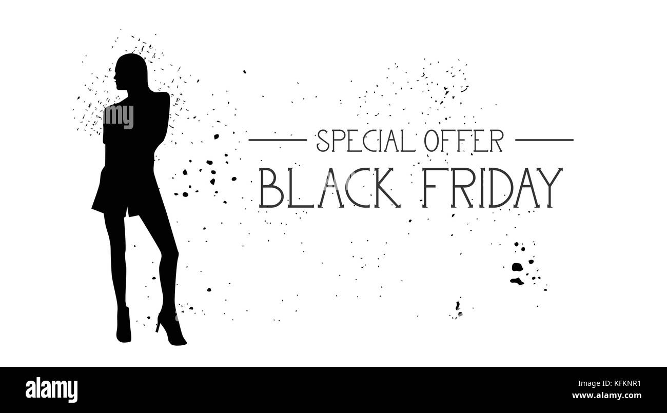 Le vendredi noir offre spéciale bannière avec caoutchouc grunge fashion model silhouette féminine sur fond blanc Illustration de Vecteur