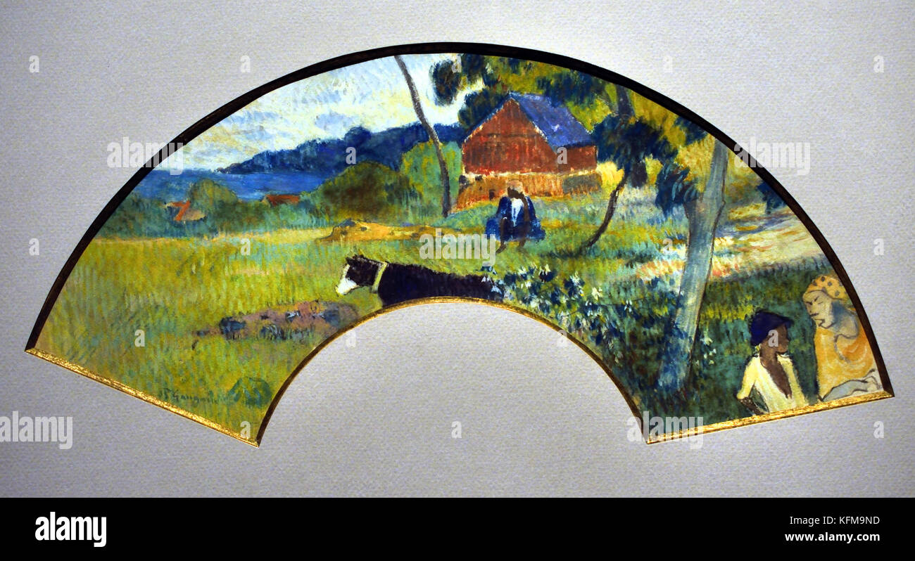 Éventail au paysage de Martinique - ventilateur avec le paysage de la Martinique 1887 Paul Gauguin - Eugène Henri Paul Gauguin 1848 - 1903 était un artiste post-impressionniste français, France. 8, 1903 ( décédé peut, Atuona, Marquises, Polynésie française ) Peintre, sculpteur. Banque D'Images