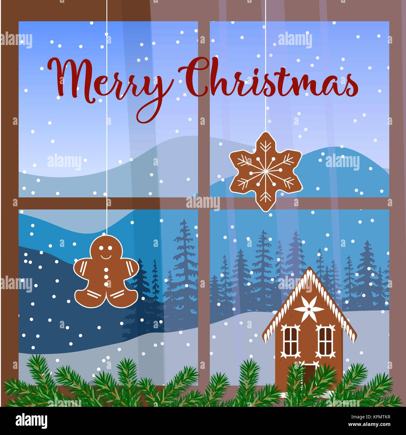 Décoration de Noël fenêtre, avec Garland, gingerbread man. vue de paysage d'hiver avec des silhouettes de montagnes et la forêt Illustration de Vecteur