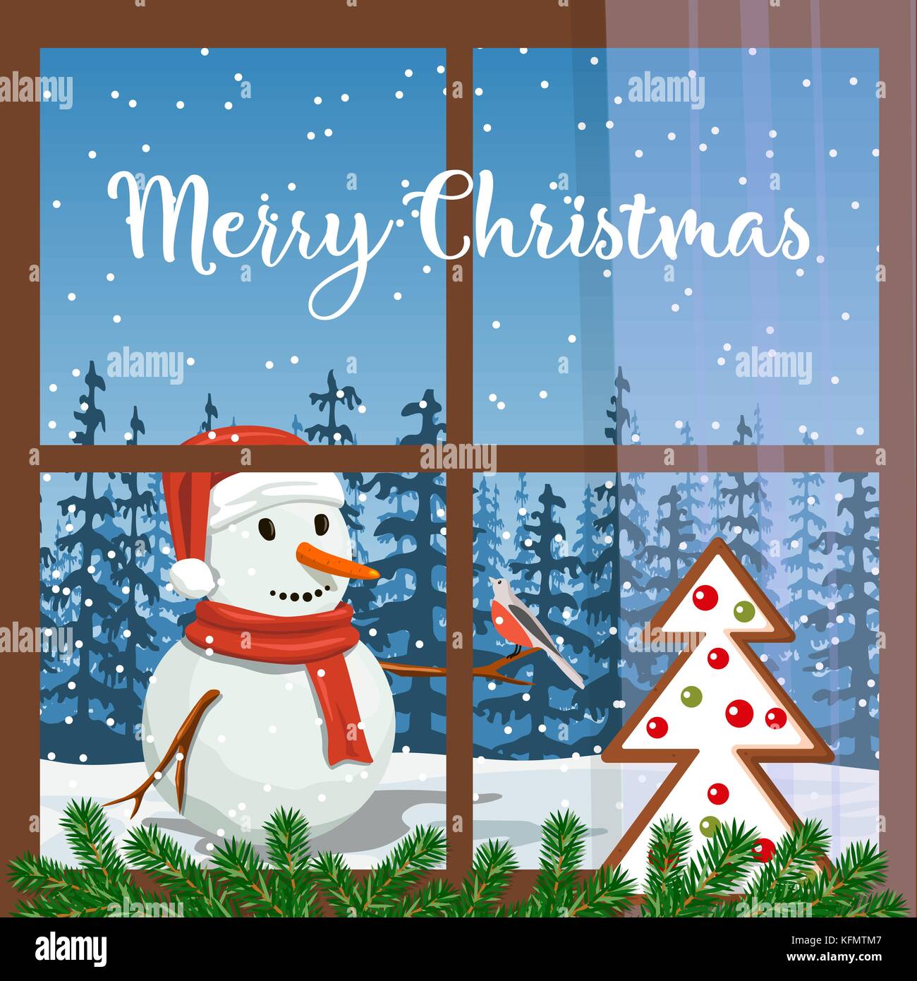 Fenêtre décorée de Noël, le sapin avec guirlande, d'épices. view of smiling snowman frosty in santa hat avec bouvreuil, forêt, les chutes de neige Illustration de Vecteur