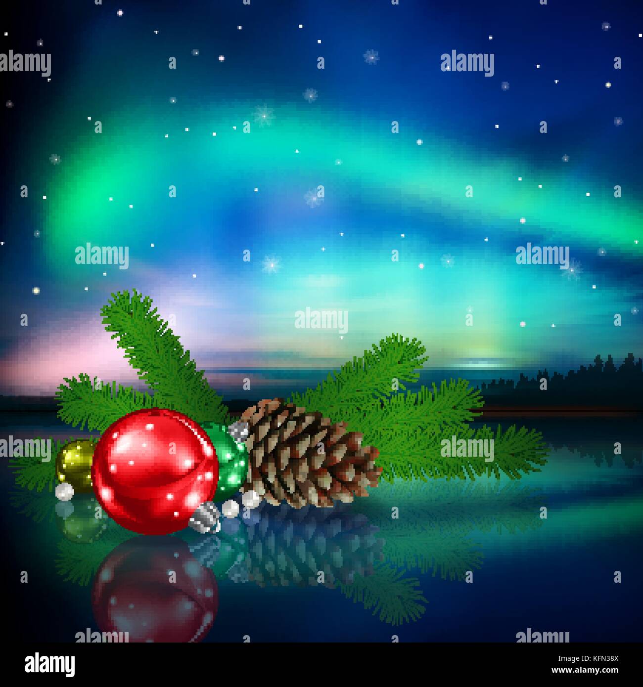 Célébration accueil avec un cône de pin décorations de Noël et aurora borealis Illustration de Vecteur