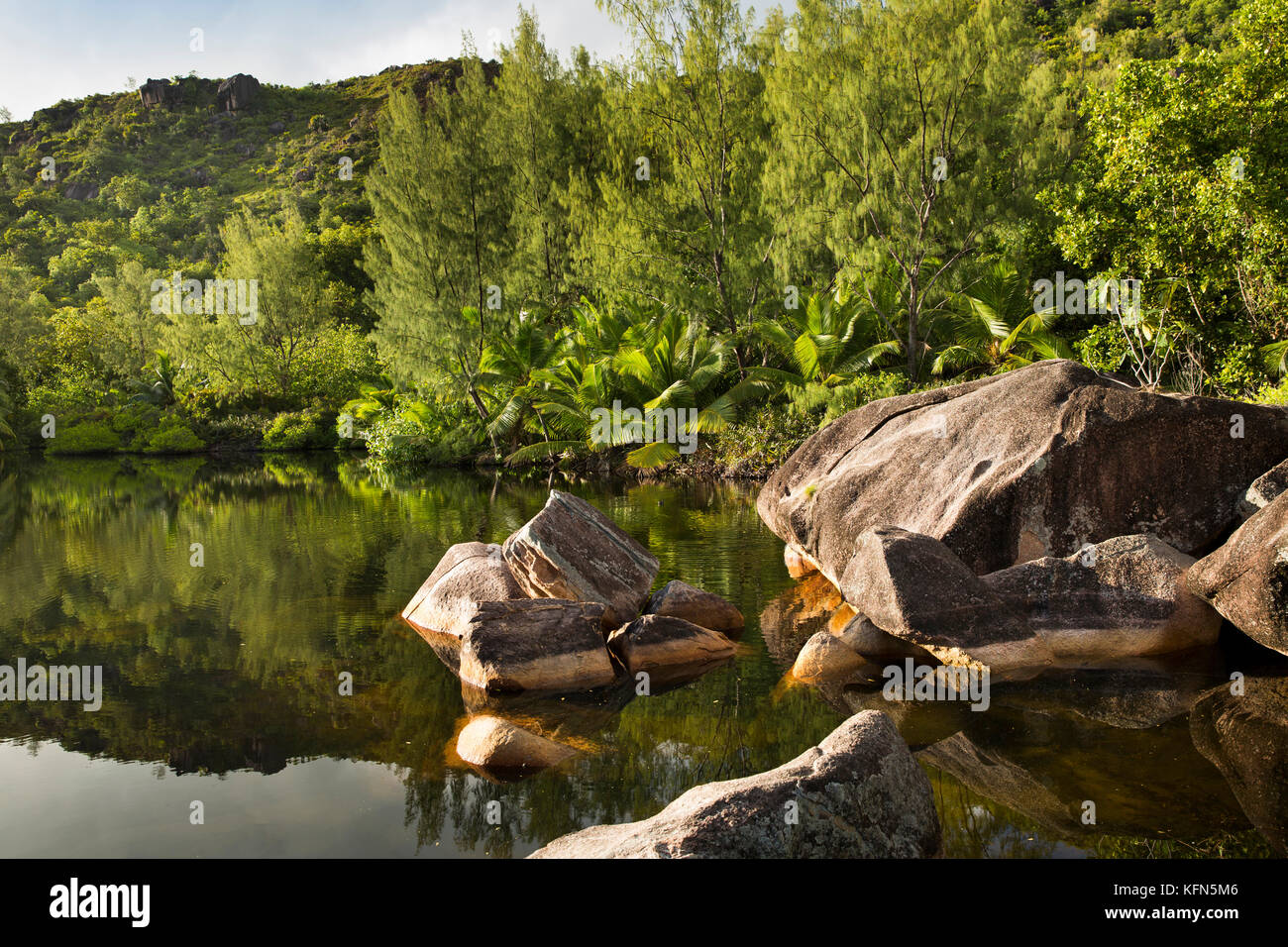 Les Seychelles, Praslin, Anse Lazio, lagune d'eau douce derrière plage entourée de plantes tropicales Banque D'Images