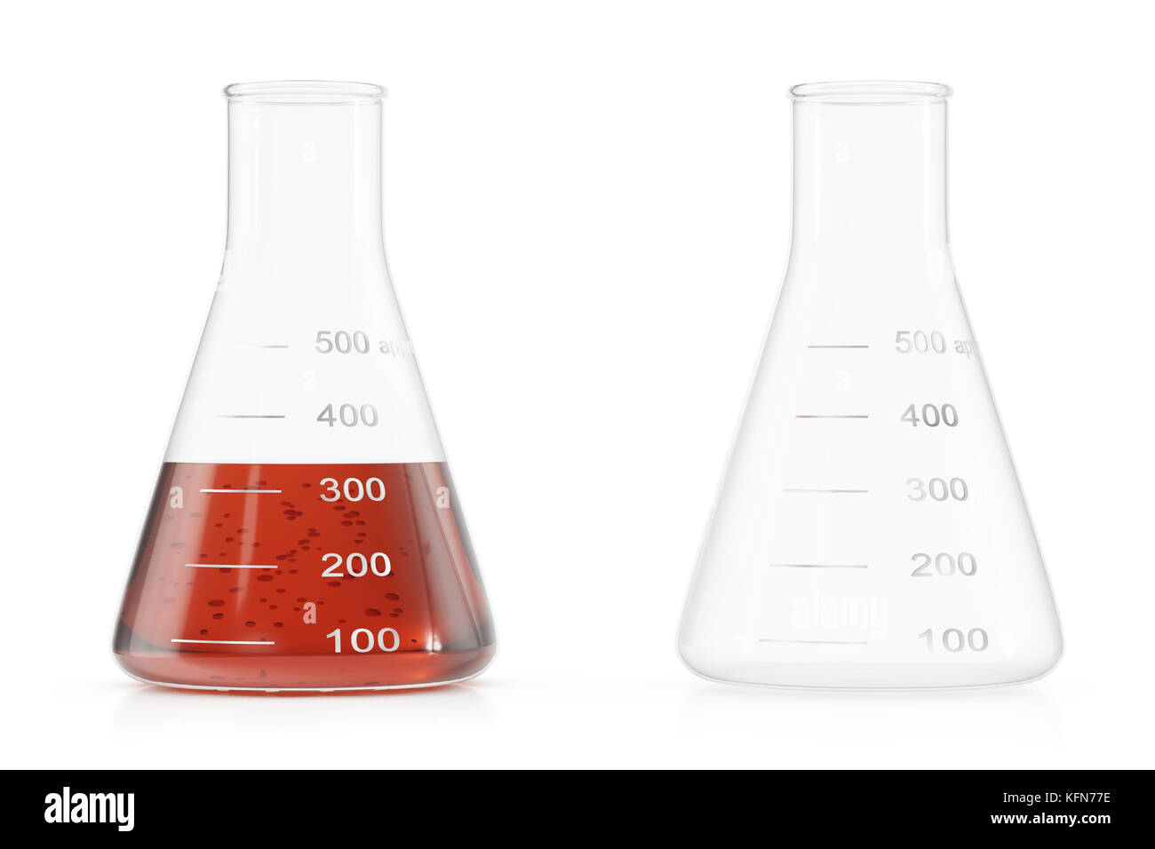 Flacons de produits chimiques en verre transparent rempli de liquide rouge et bécher vide isolé sur fond blanc. 3d illustration Banque D'Images