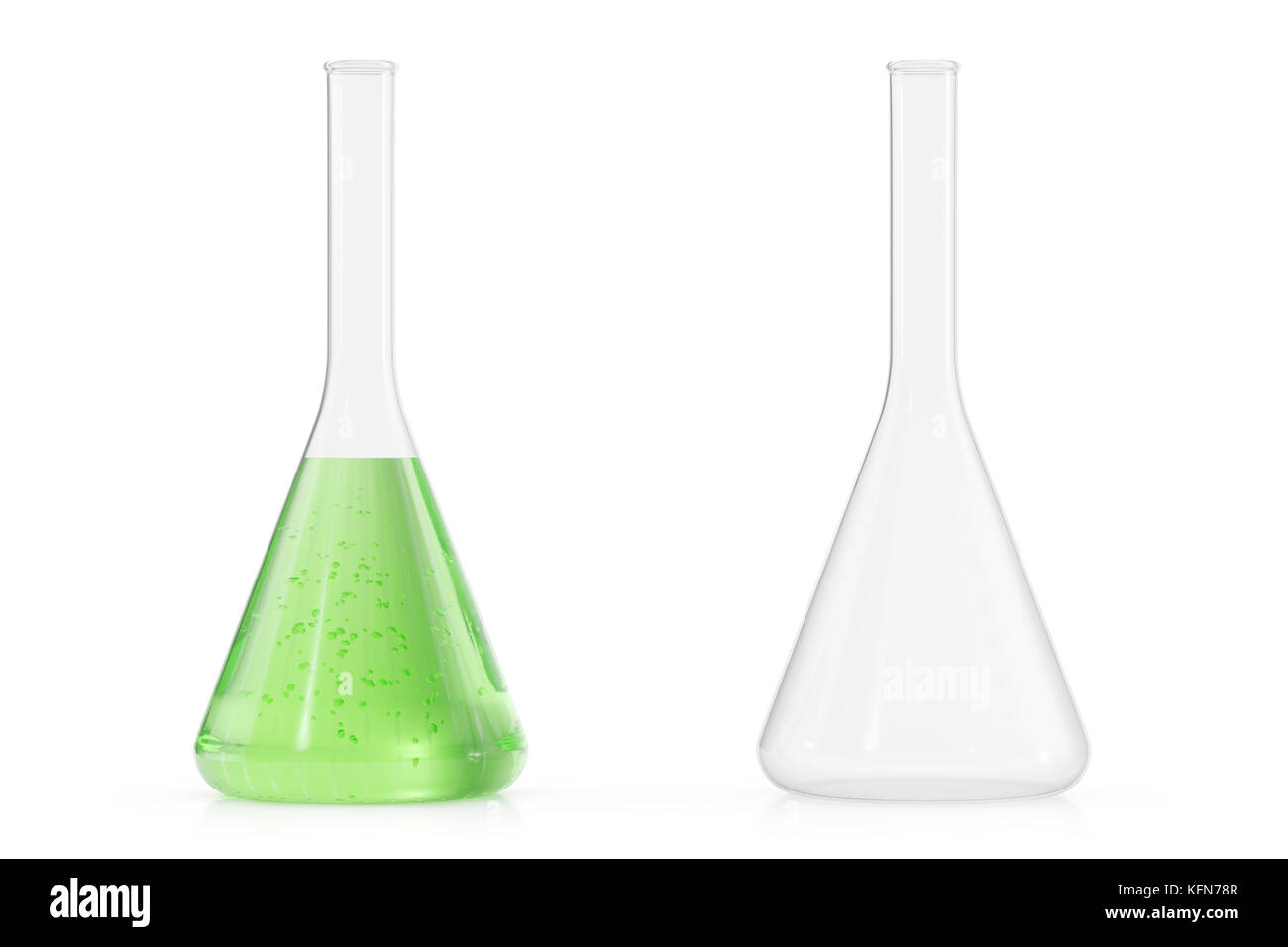 Flacons de chimie avec liquide coloré sur fond blanc. la science de laboratoire chimie concept. tubes à essai et flacons avec des liquides colorés de rendu 3D Banque D'Images