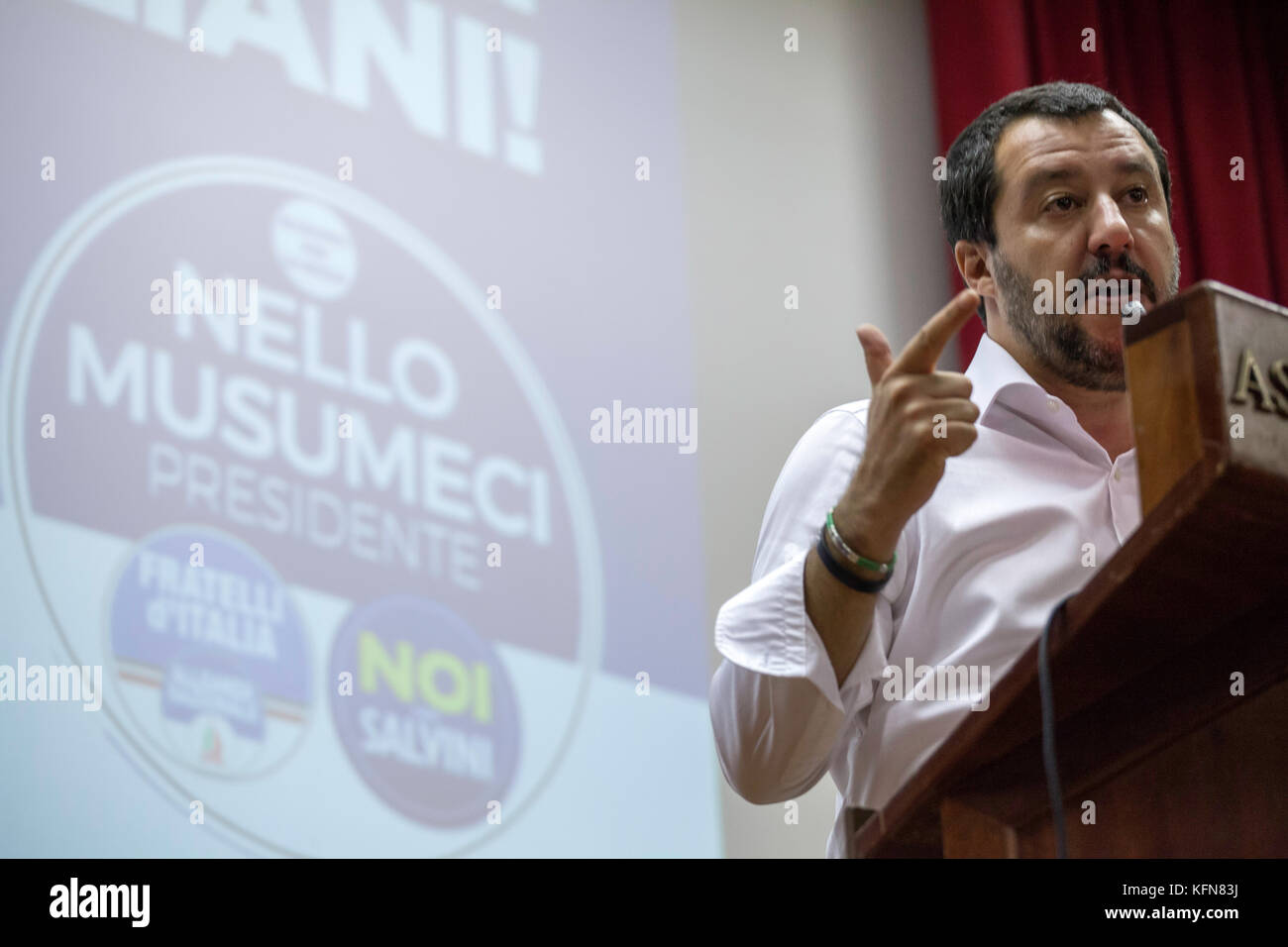 La politique italien Matteo Salvini (chef de la ligue du nord) parle de Palerme. Banque D'Images