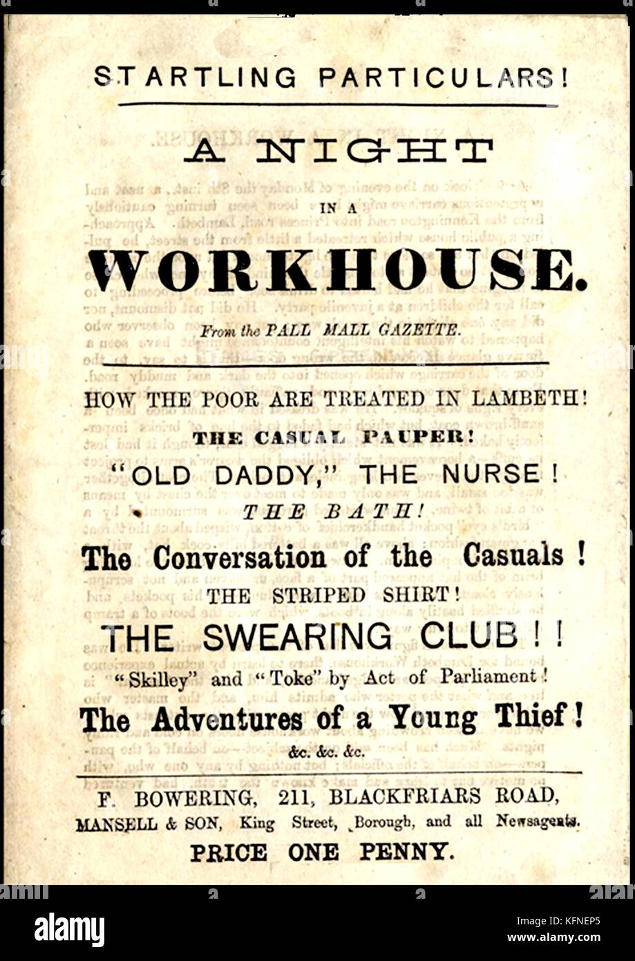 Un 19e siècle penny dreadful (brochure) à "une nuit dans le workhouse" (de la Pall Mall Gazette) exposant les horreurs de la workhouse anglais surtout à Lambeth, Londres Banque D'Images
