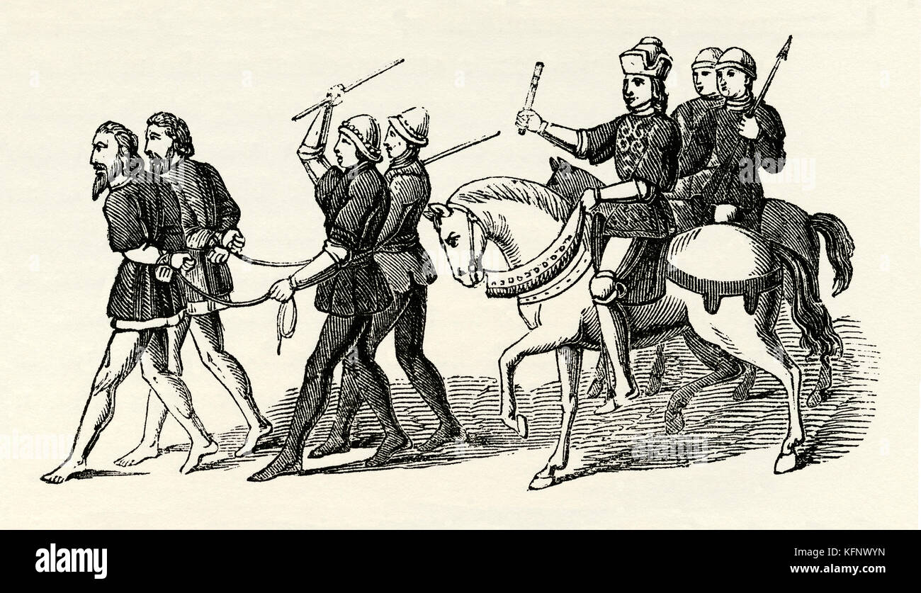 Ancienne gravure médiévale montrant des criminels ou des prisonniers sous escorte armée Banque D'Images