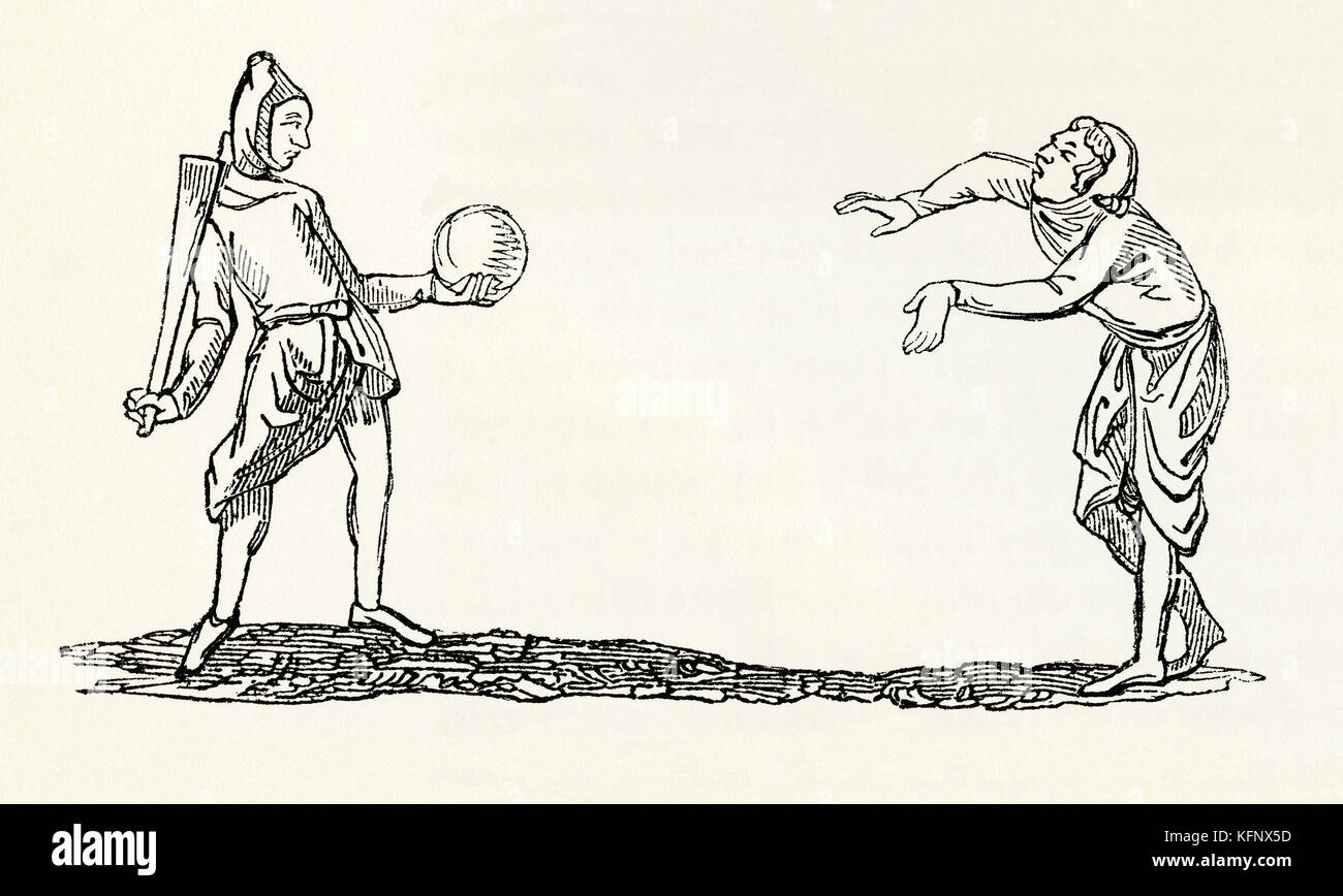 Une ancienne gravure médiévale de boule de tabouret (ou boule de stoole), un bâton et un jeu de balle tôt Banque D'Images