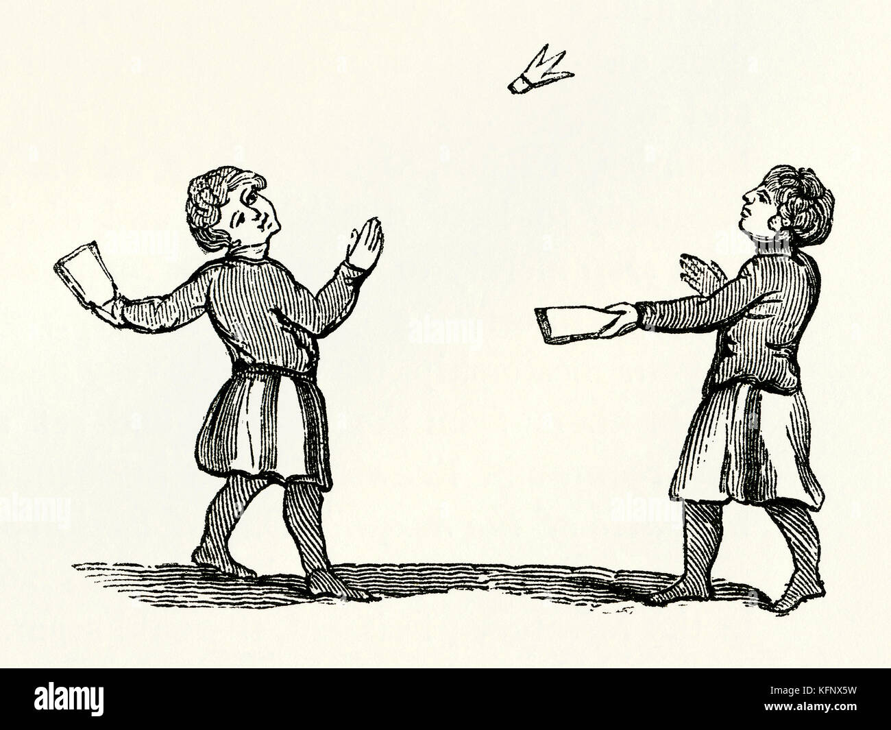 Une ancienne gravure médiévale de battledore et volant, ou jeu de volant, un jeu ancien lié au badminton moderne Banque D'Images