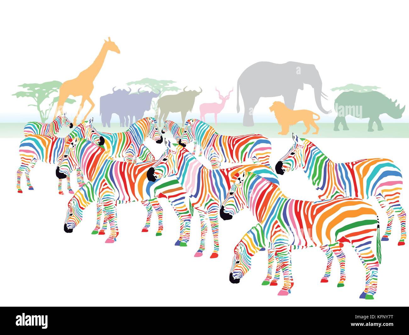 Les zèbres colorés dans la savane Illustration de Vecteur