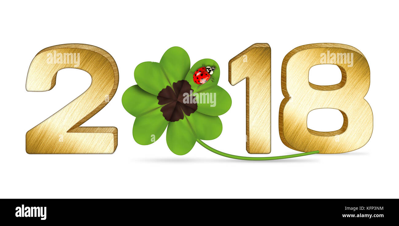 Nouvel an 2018 background gold métal nombre décoré de quatre feuilles de girofle et ladybug isolé sur fond blanc Banque D'Images