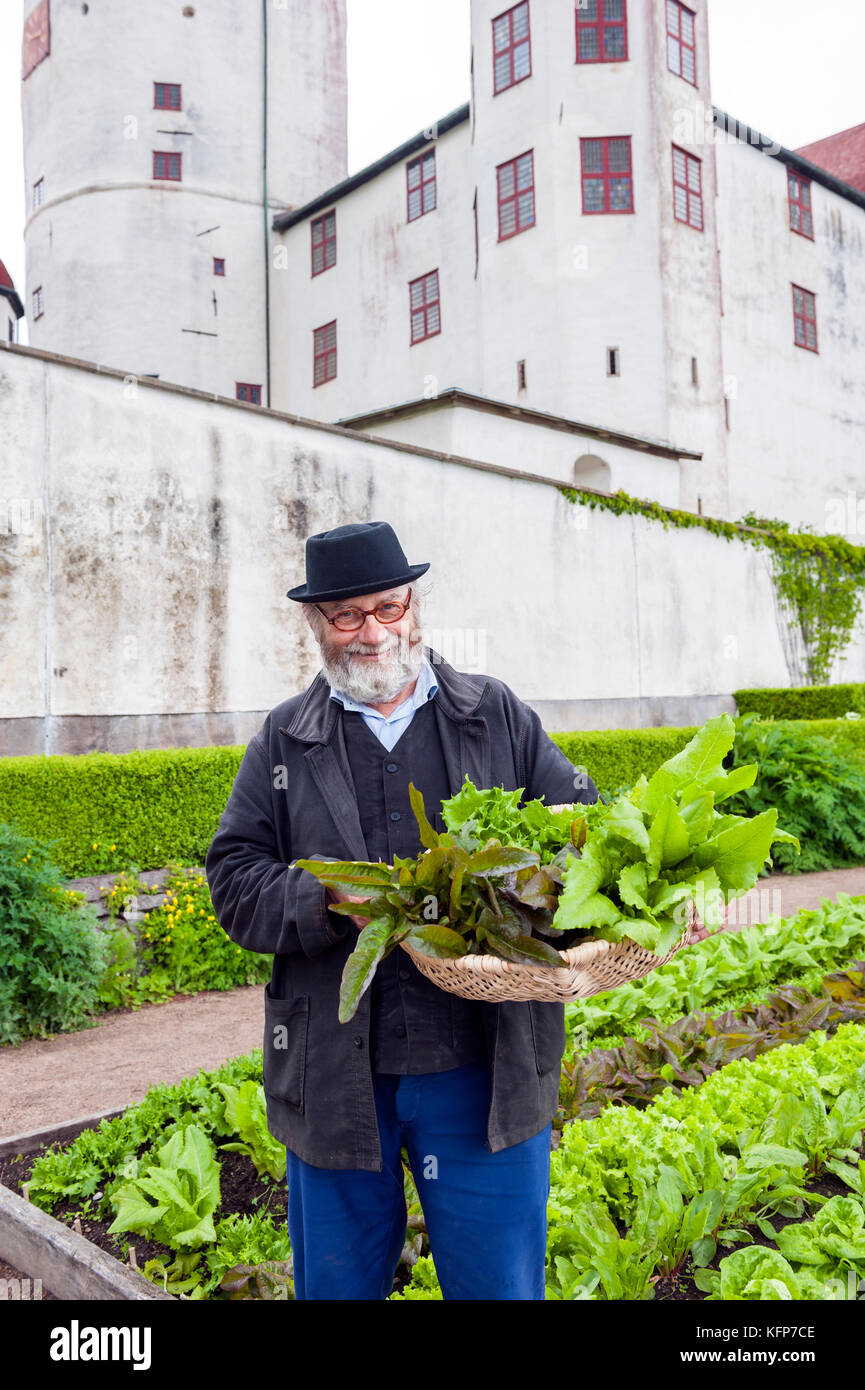 Simon Irvine, horticulteur, dans les jardins potagers biologiques ornementaux de Läckö Slott, un château médiéval de l'île de Kållandsö, dans l'ouest de la Suède. Banque D'Images