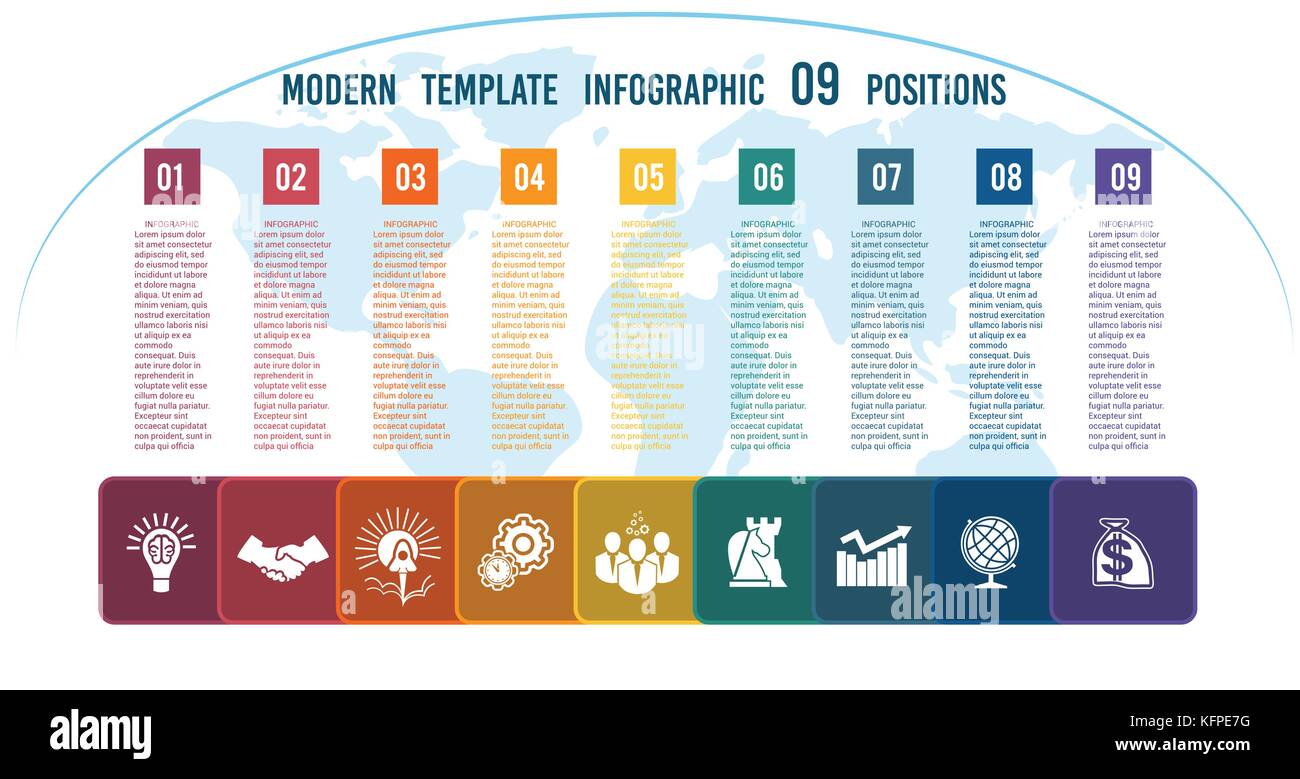 Graphique business infographic template étape par étape carrés de couleur avec colonnes pour le texte sur une carte du monde 09 positions Illustration de Vecteur