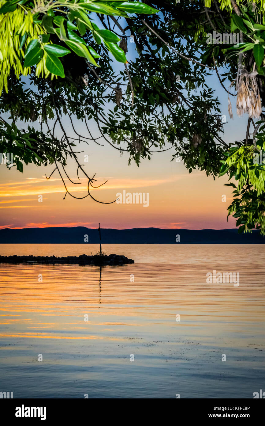De soleil colorés au lac. couleurs ciel à travers les branches d'arbres sur soirée d'été du lac Balaton, en Hongrie. Banque D'Images