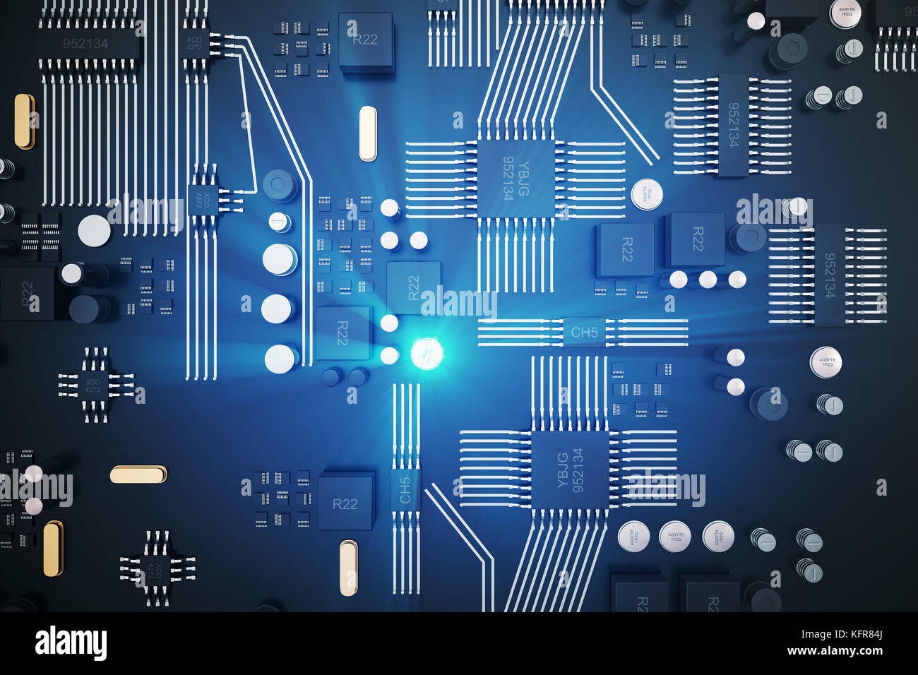 Le rendu 3D de circuit imprimé. arrière-plan technique. ordinateur central concept cpu processeurs carte mère. Puce numérique. tech. de l'AED en sciences de la communication intégrée, de l'information génie cpu processeur Banque D'Images