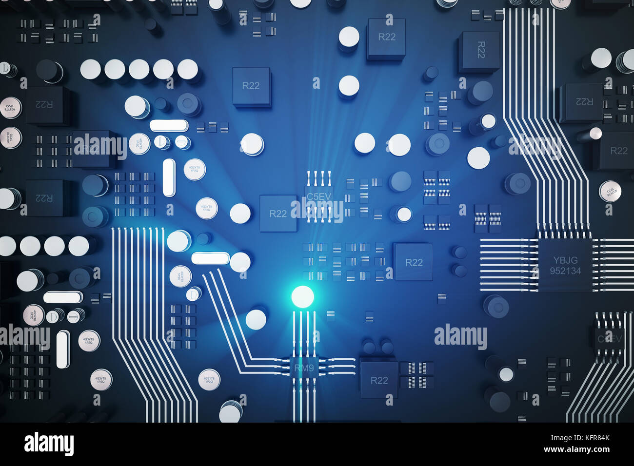 Le rendu 3D de circuit imprimé. arrière-plan technique. ordinateur central concept cpu processeurs carte mère. Puce numérique. tech. de l'AED en sciences de la communication intégrée, de l'information génie cpu processeur Banque D'Images