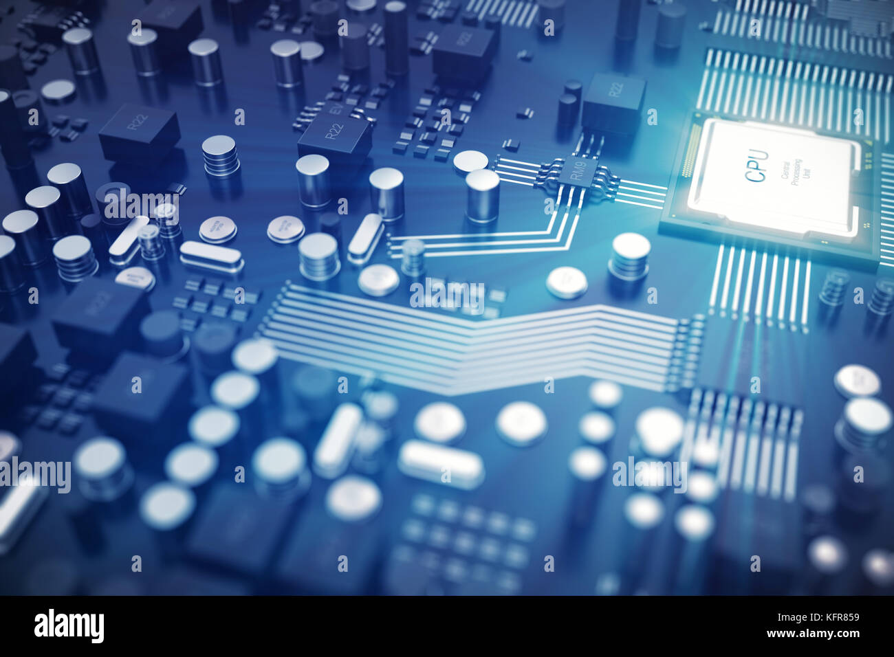 Le rendu 3D de circuit imprimé. arrière-plan technique. ordinateur central concept cpu processeurs carte mère. Puce numérique. tech. de l'AED en sciences de la communication intégrée, de l'information génie cpu processeur Banque D'Images