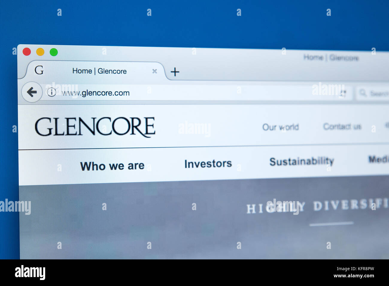 Londres, Royaume-Uni - 26 octobre 2017 : La page d'accueil du site web officiel de Glencore Plc - le commerce des produits et de la société minière, le 26 octobre 2017 Banque D'Images