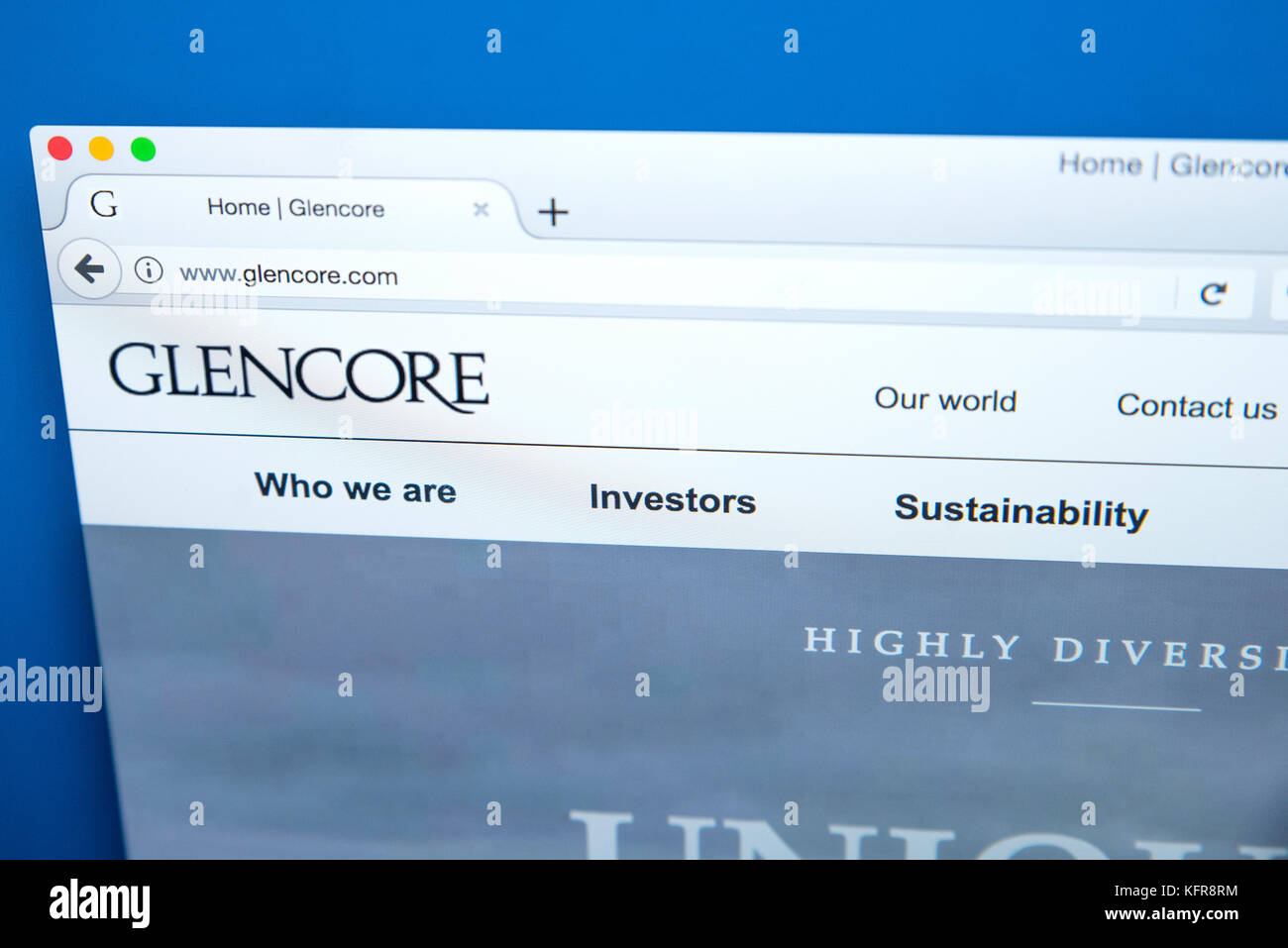 Londres, Royaume-Uni - 26 octobre 2017 : La page d'accueil du site web officiel de Glencore Plc - le commerce des produits et de la société minière, le 26 octobre 2017 Banque D'Images