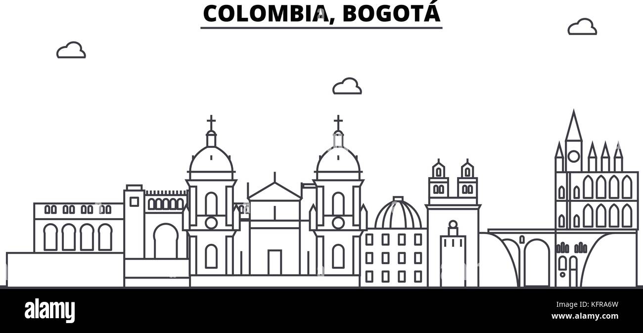 La COLOMBIE, Bogota skyline architecture bâtiments, silhouette, contours du paysage, des monuments. traits modifiable. paysage urbain. illustration vecteur ligne design plat, concept Illustration de Vecteur