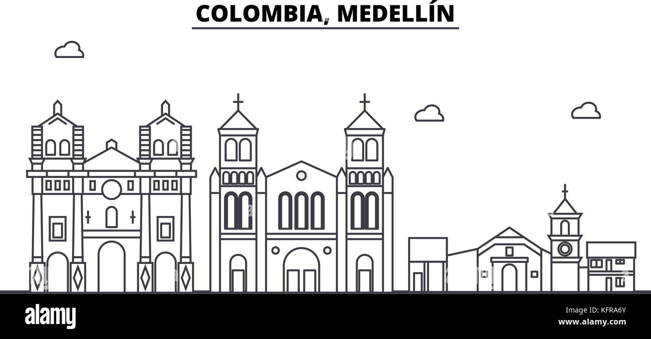 La Colombie, Medellin skyline architecture bâtiments, silhouette, contours du paysage, des monuments. traits modifiable. paysage urbain. illustration vecteur ligne design plat, concept Illustration de Vecteur