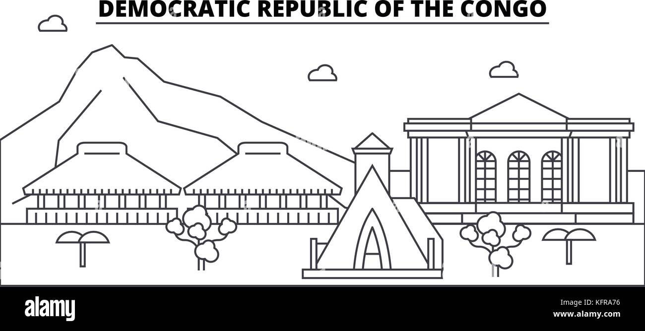République démocratique du Congo d'horizon de l'architecture des bâtiments, d'ossature, plan paysage, monuments. traits modifiable. paysage urbain. illustration vecteur ligne design plat, concept Illustration de Vecteur