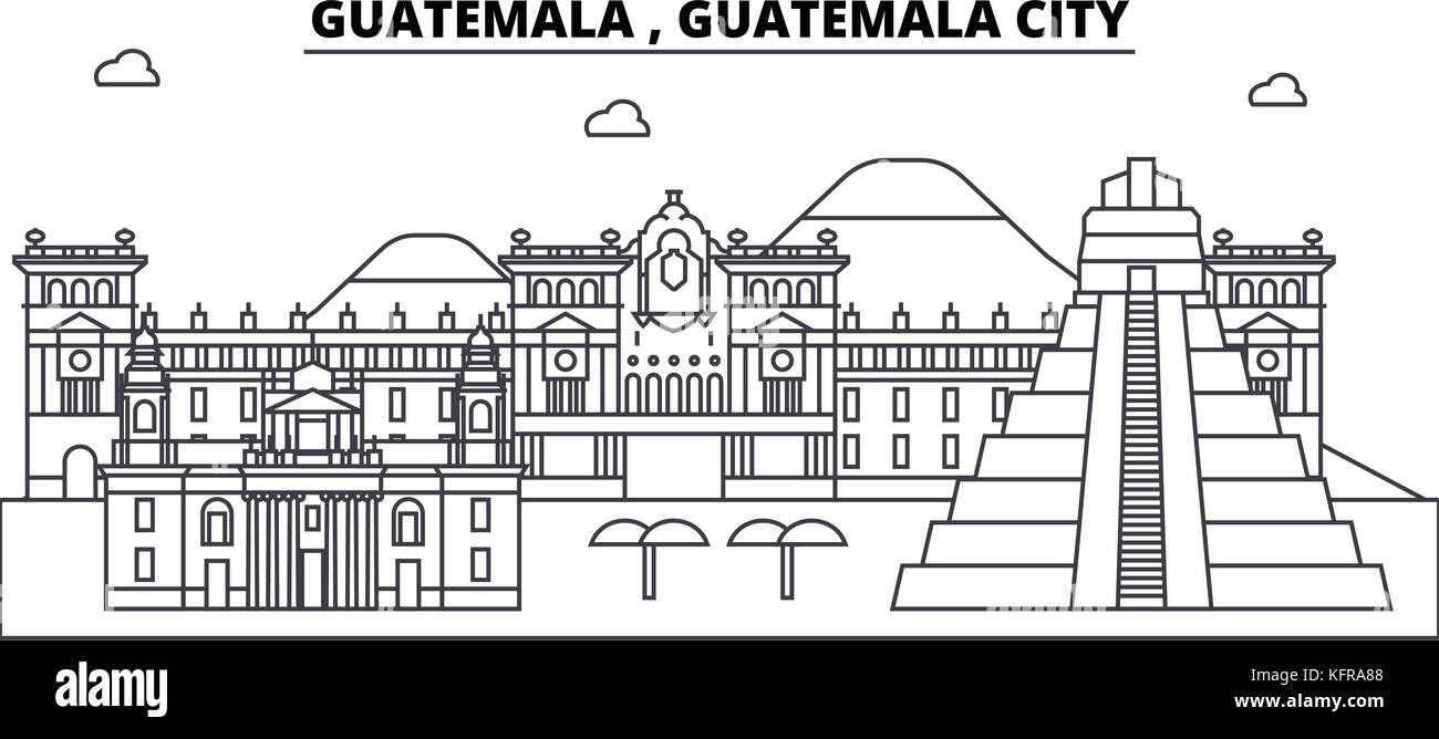 Au Guatemala , Guatemala city skyline architecture bâtiments, silhouette, contours du paysage, des monuments. traits modifiable. paysage urbain. illustration vecteur ligne design plat, concept Illustration de Vecteur