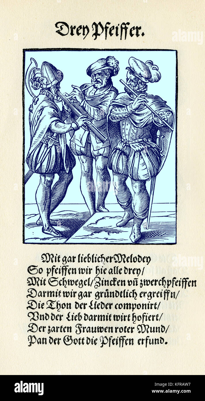 Musiciens jouant de la flûte et la corne de chèvre du Livre des métiers / Das Standebuch (Panoplia omnium illiberalium mechanicarum...), Collection de gravures sur bois de Jost Amman (13 juin 1539 au 17 mars 1591), 1568 avec rhyme de Hans Sachs (5 novembre 1494 - 19 janvier 1576) Banque D'Images