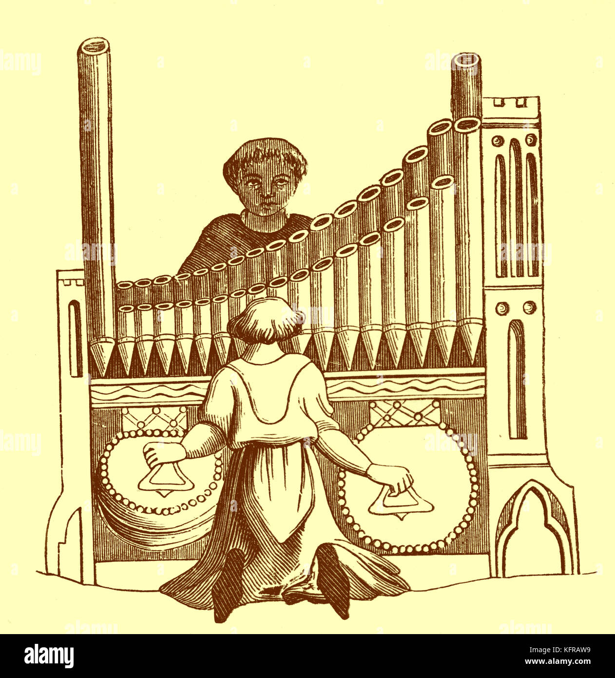 Quatorzième siècle l'orgue avec clavier, reproduit à partir d'une maquette d'un psautier latin. Banque D'Images