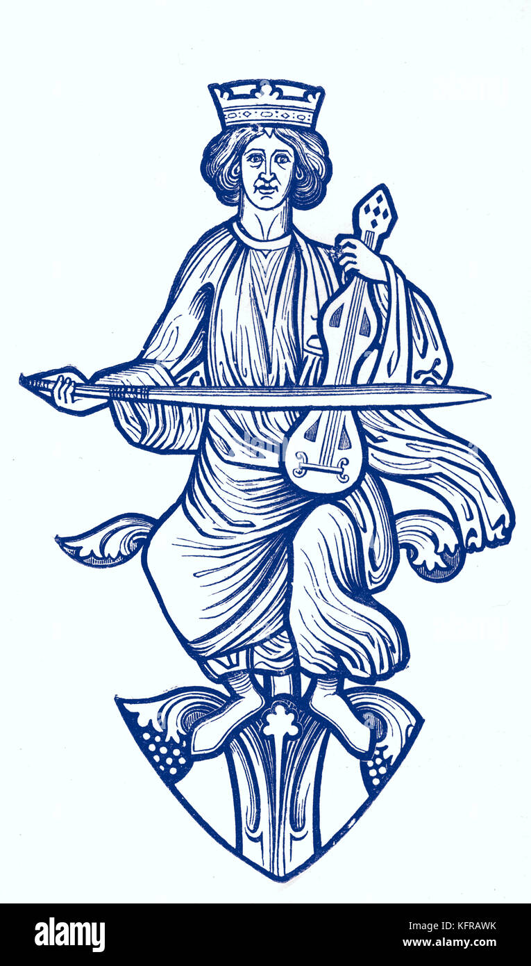 Le roi David jouant un Crwth, reproduit à partir d'une treizième siècle fenêtre peinte à la cathédrale de Troyes. Le crwth archaïque est un instrument de musique, une fois populaires en Europe et en particulier au Pays de Galles. Banque D'Images