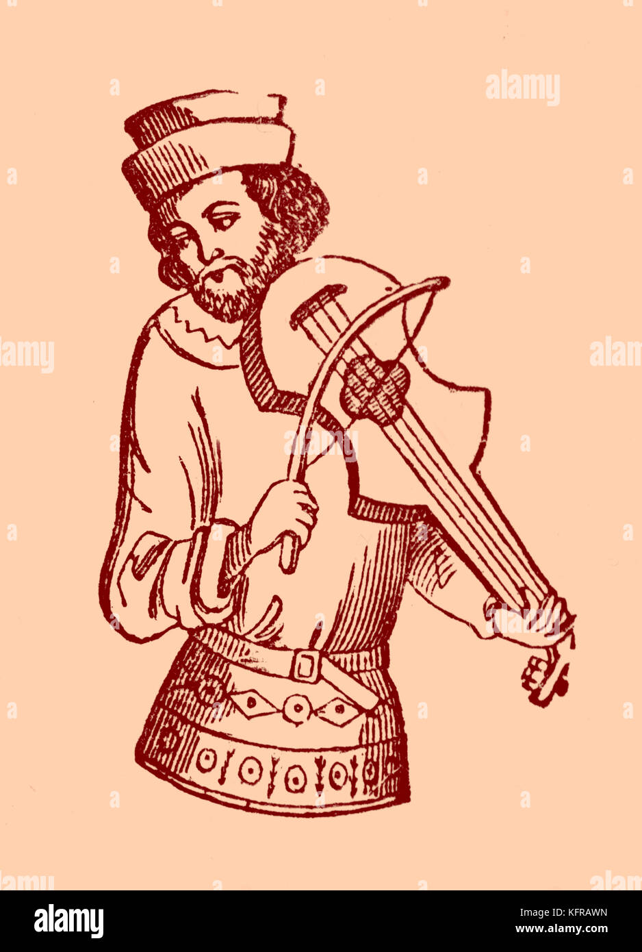 Juggler jouer a vielle, reproduit à partir d'une illustration dans un manuscrit du 15e siècle. La vielle est un instrument à cordes frottées, avec un corps plus long et plus profond que le violon. Il était populaire dans toute l'Europe dans la période médiévale. Banque D'Images