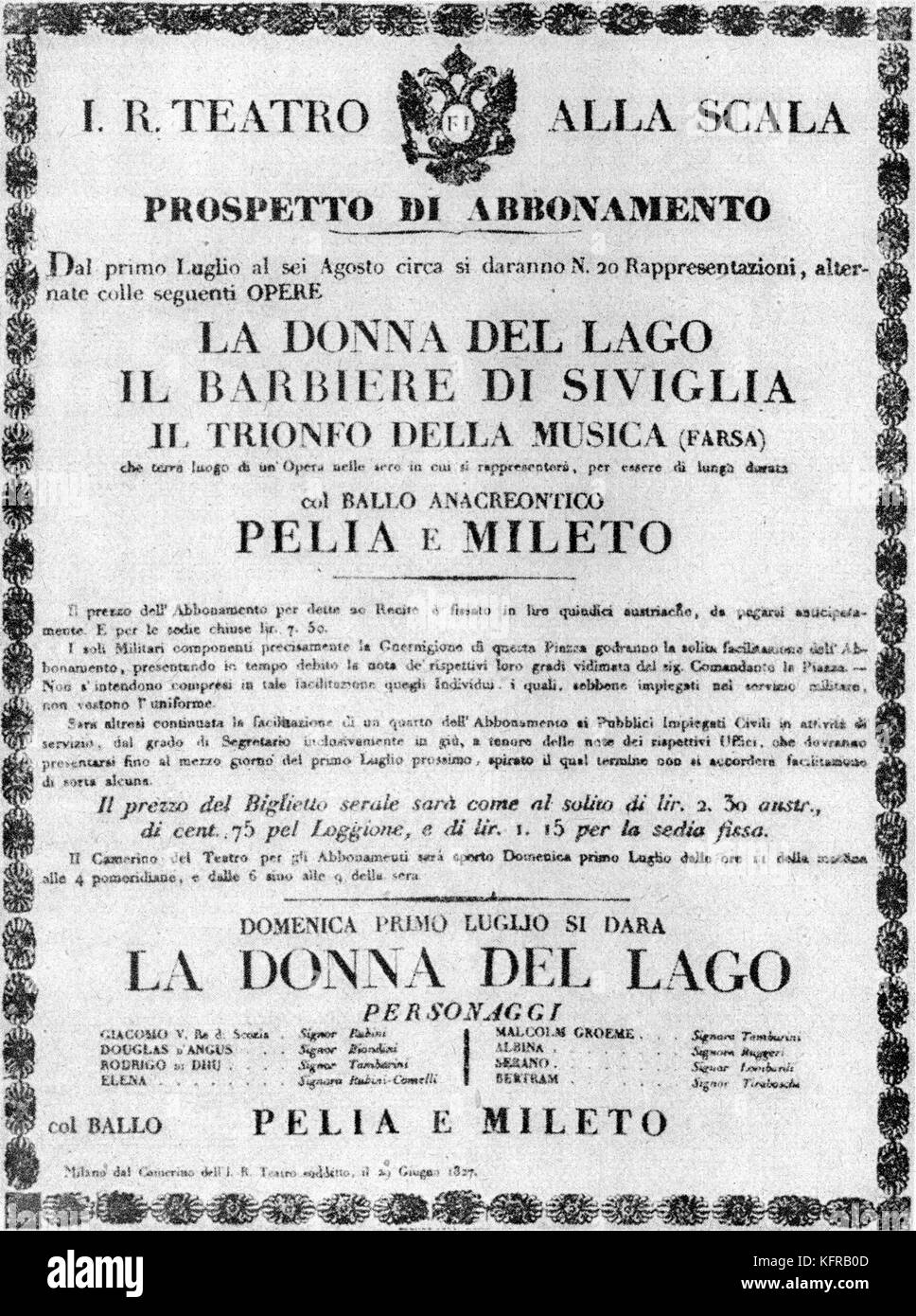 Annexe L'affiche pour le théâtre de la Scala à partir de 1827, la publicité des spectacles de Gioachino Rossini's "La Dame du Lac" et "Le Barbier de Séville', Simon Mayr, 'Qu'Original !', et le 'ballet Pelia et Mileto', avec la musique de Cesare Pugni et chorégraphie de Salvatore Taglioni. Banque D'Images
