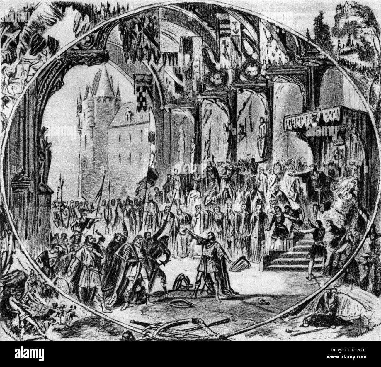 Première exécution de Tannhäuser à Paris, illustrée par Alphonse-Marie-Adolphe de Neuville. Tannhäuser, une loi trois opéra de Richard Wagner, a été exécutée pour la première fois à Paris le 13 mars, 1861, à la salle Le Peletier de l'Opéra de Paris. Cependant, il a été entaché par les interruptions par les membres de la Jockey Club de Paris dans l'auditoire, qui s'est opposé à la loi en ballet, je sens qu'ils auraient à être présent dès le début de l'opéra. Banque D'Images