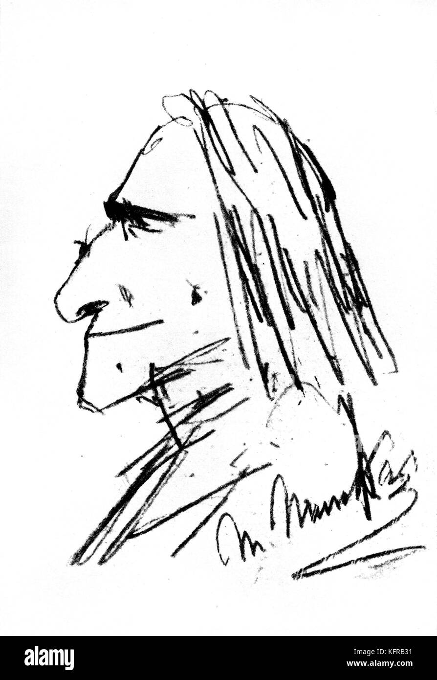 Franz Liszt - caricature, après avoir tracé par M. Munkacsy (1844 - 1900). Compositeur et pianiste hongrois, 22 octobre 1811 - 31 juillet 1886. Banque D'Images