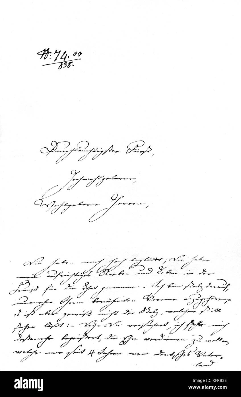 La lettre de Clara Schumann - à la société viennoise d'Amis de la musique (Gesellschaft der Musikfreunde) concernant l'élection d'un membre honoraire. CS : pianiste allemand, 13 septembre 1819 - 20 mai 1896. Épouse du compositeur, Robert Schumann. Banque D'Images