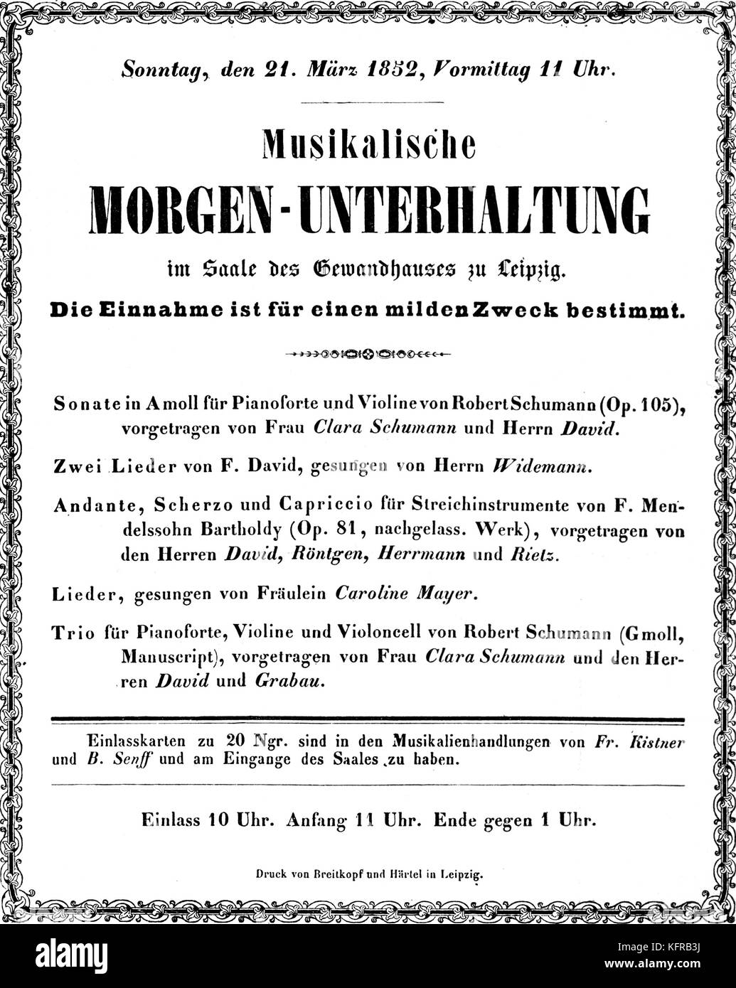 Programme de concert Schumann- avec la musique de Robert Schumann et de spectacles par Clara Schumann, 21 mars 1852, Sall des Gewandhauses zu Leipzig. CS : pianiste allemand, 13 septembre 1819 - 20 mai 1896. Épouse du compositeur, Robert Schumann. Banque D'Images