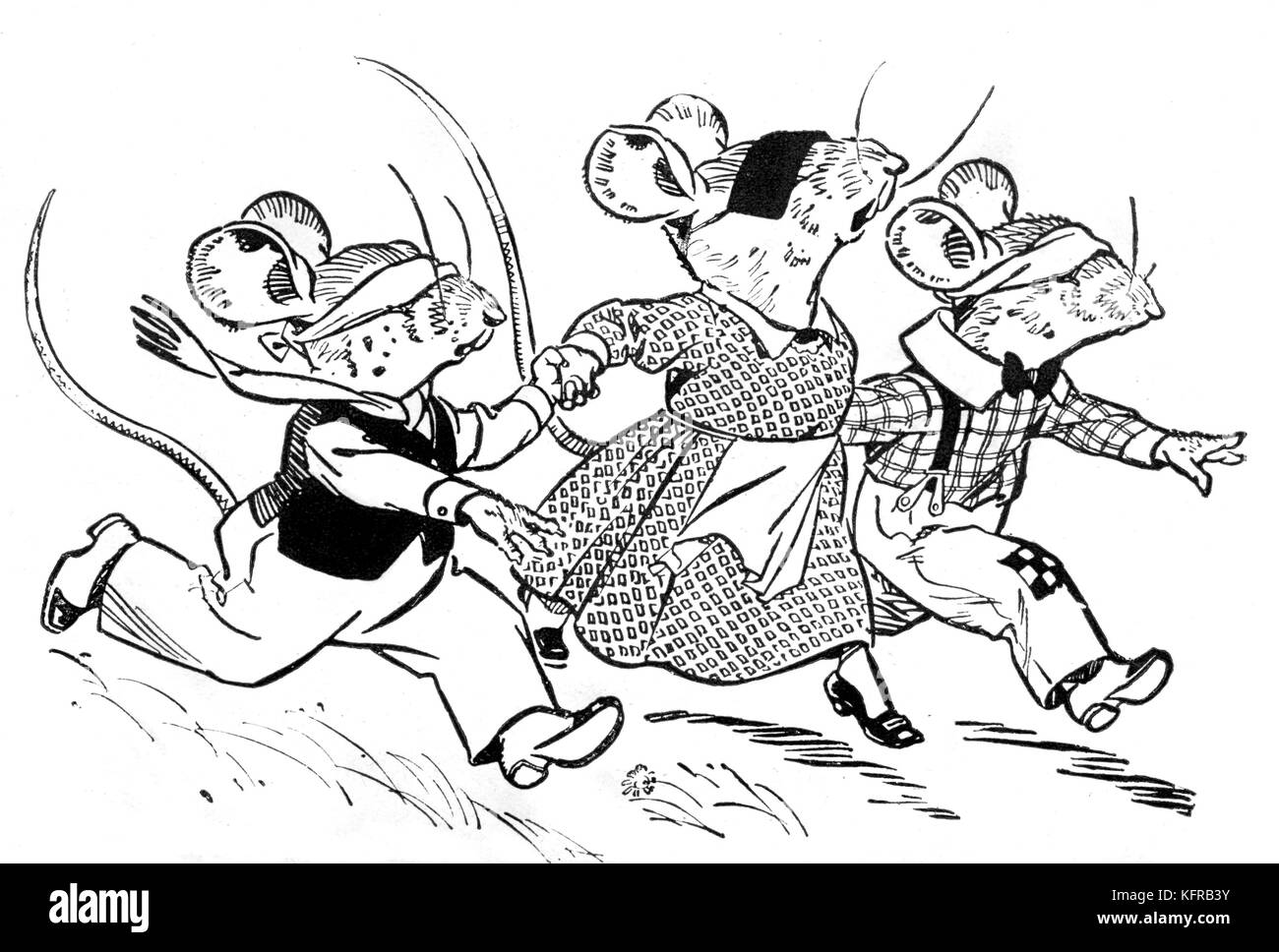 "Trois souris aveugles, voir comment ils fonctionnent !' - illustration de la comptine anglaise et musical, 1928. Banque D'Images