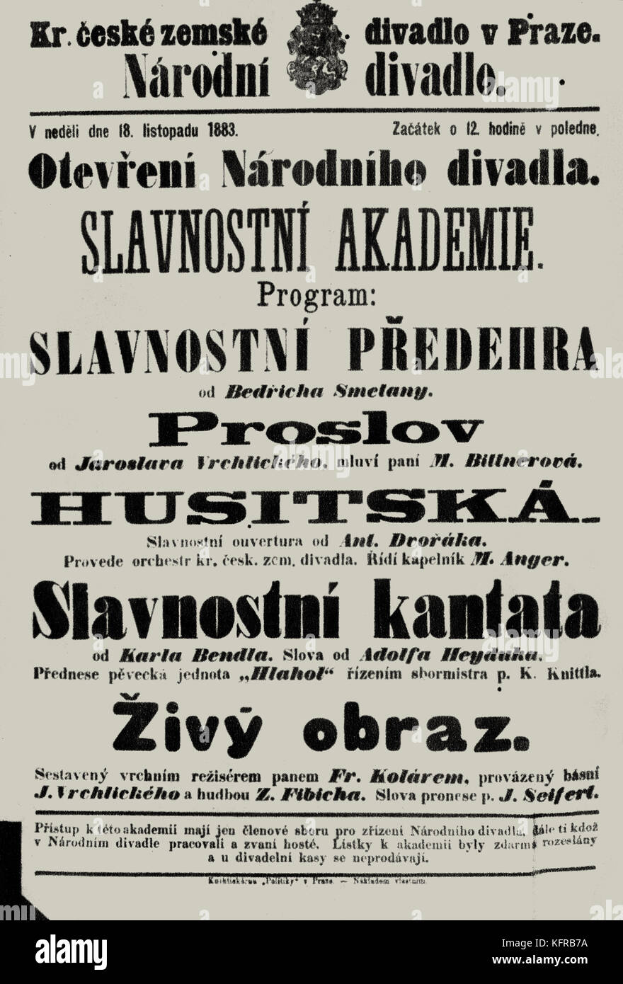 Théâtre National, Prague, concert inaugural, programme 1883. Programme du concert inaugural avec qui le Théâtre National a été ouverte, le 18 novembre 1883. Banque D'Images