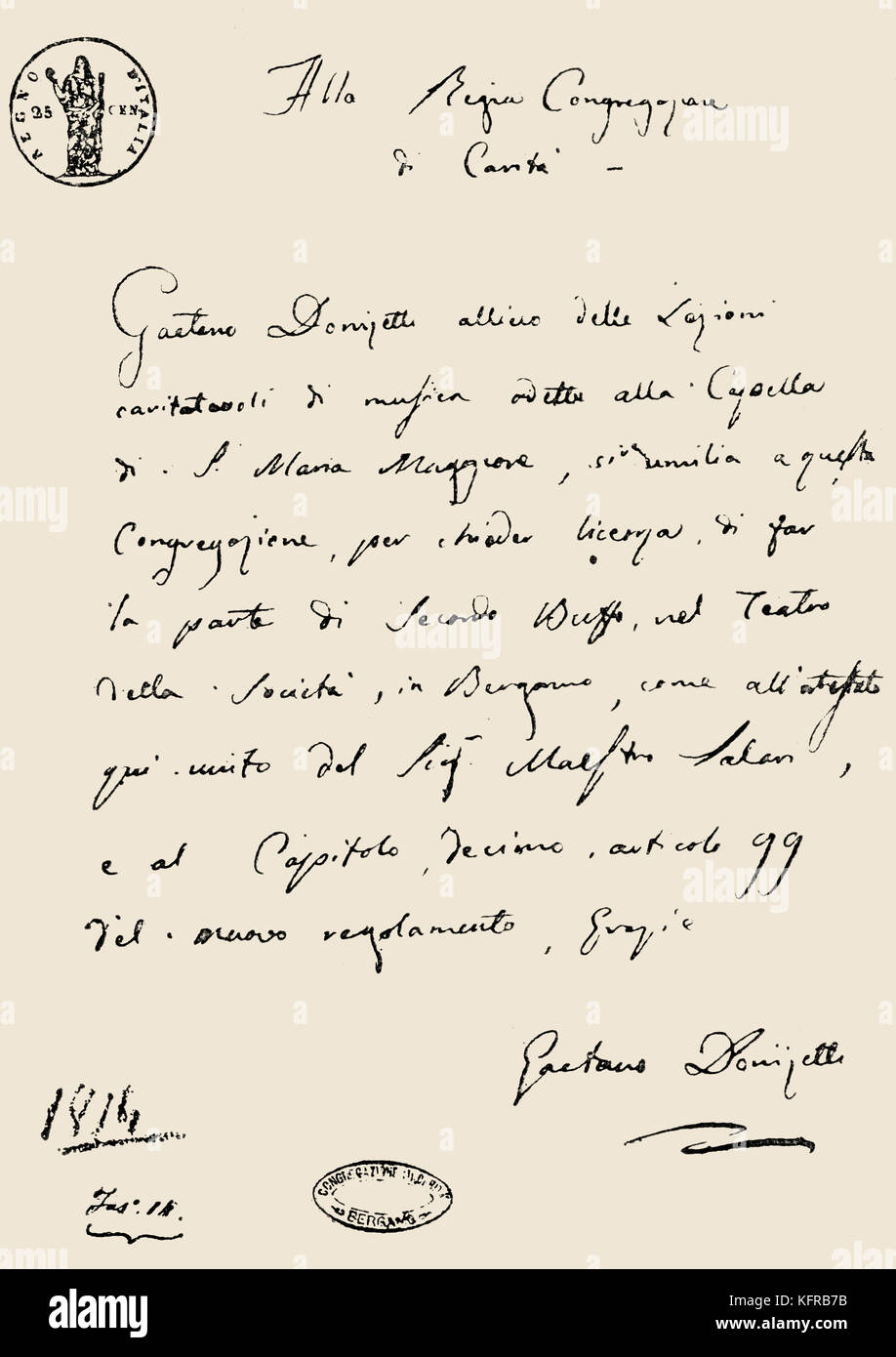 Gaetano Donizetti lettre autographe. Écrit à Congregazione de Carita de Bergame 1814 par Donizetti. Compositeur italien : 29 novembre 1797 - 8 avril 1848. Banque D'Images