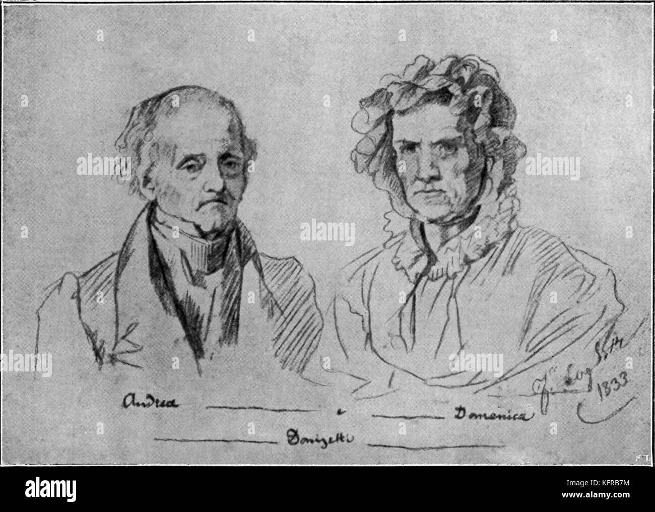 Les parents de Gaetano Donizetti, dessin par Francesco Coghetti (1804-1876), 1833. Compositeur italien : 29 novembre 1797 - 8 avril 1848. Banque D'Images