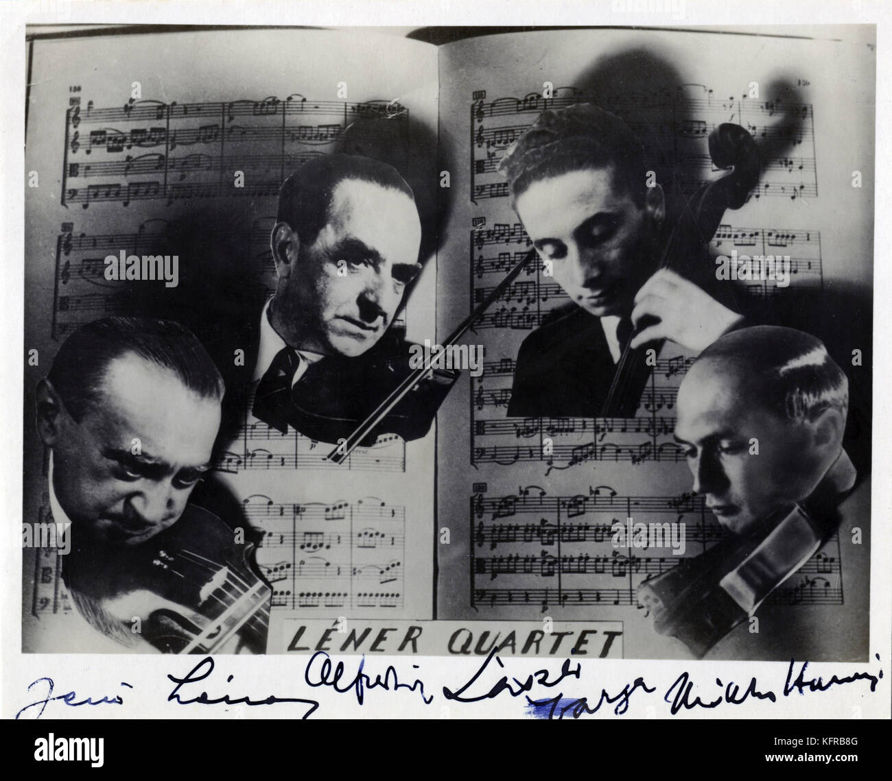 Léner - Quatuor avec signatures. L'extrême gauche : Jenö Léner avec violint. 3ème à partir de la gauche : Laszlo Varga avec violoncelle. String Quartet d'origine hongroise, fondé à Budapest en 1918. Banque D'Images