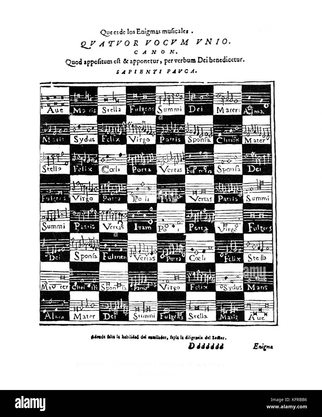 Encore de devinette - page de livre 'Déclaration d'instruments' par Bermudo, 1555. Bermudo (ilamado declaracio : El libro de instruments, publié Ossuna.) "Que es de connexion d'énigmes musicales. Quavuor Vocum Canon Union Quod appositum & apponetur perverbum est, Dei benedicetur Sapienti Pauca Banque D'Images