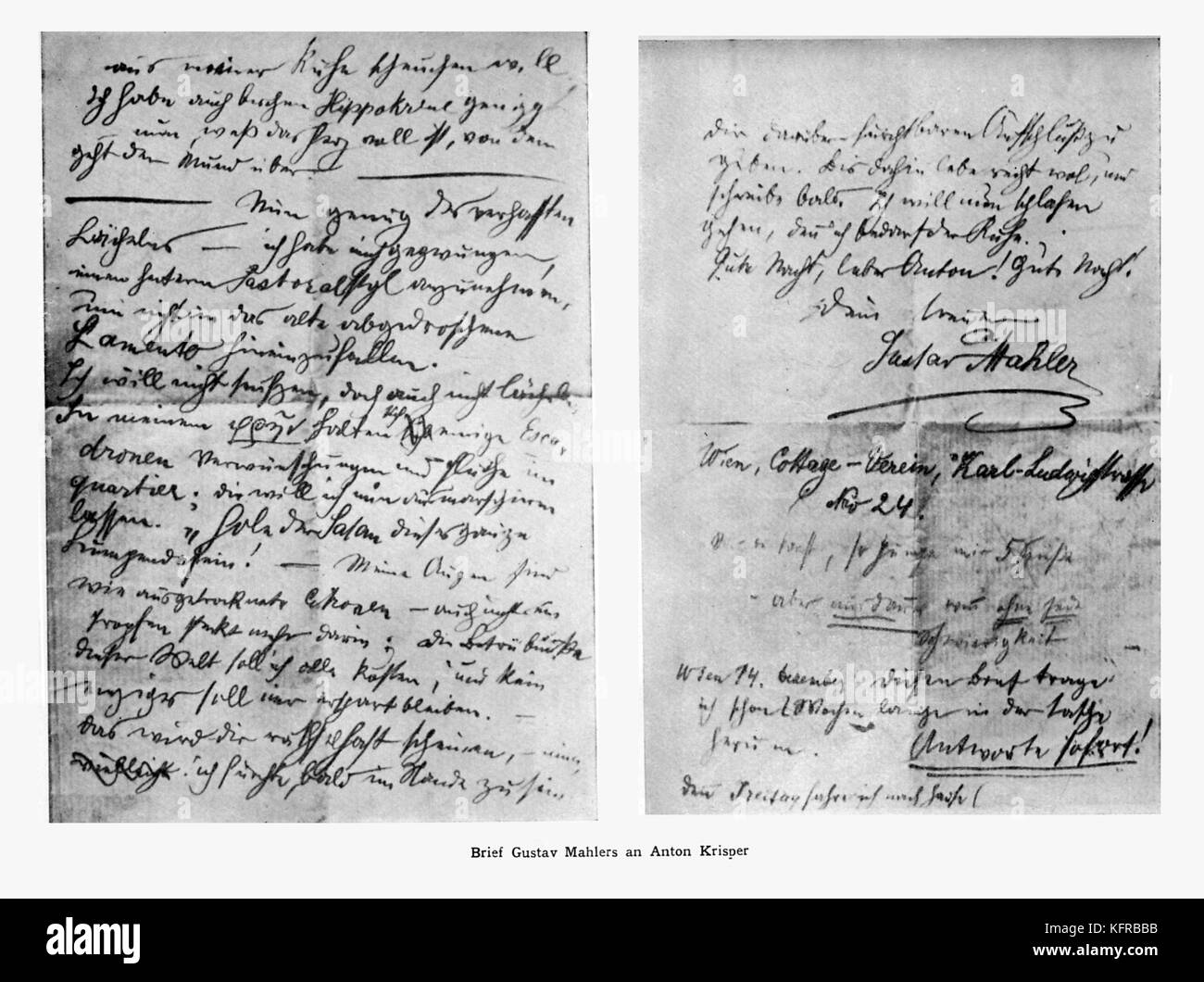 Dernières pages de lettre signée de Gustav Mahler à Anton Krisper. Compositeur Autrichien, 7 juillet 1860 - 18 mai 1911 Banque D'Images