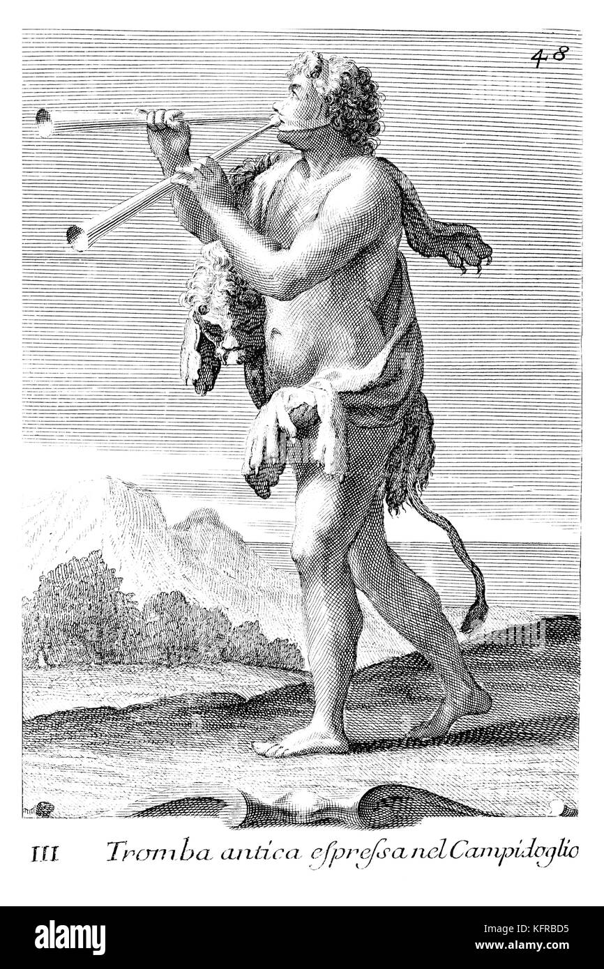 Lit d'Aulos, instrument de musique de l'Antiquité. Illustration de Filippo Bonanni Gabinetto Armonico du '' publié en 1723, l'Illustration 3. Gravure par Arnold van Westerhout. Sous-titre suivant Tromba antica espressa Campidoglio nei Banque D'Images