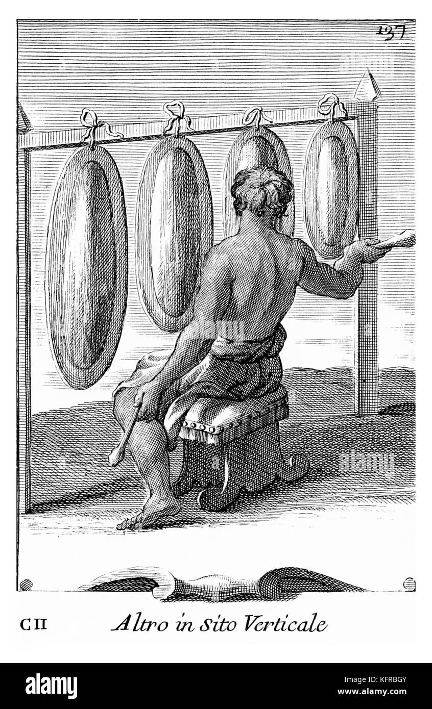 En Altro sito Verticale - gongs suspendus/ le gamelan. Illustration de Filippo Bonanni's "Gabinetto Armonico" publié en 1723, l'Illustration 102. Banque D'Images